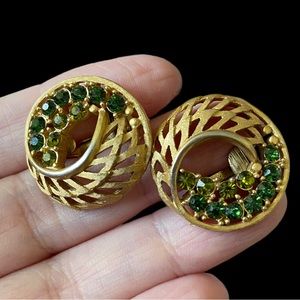 Green and Olivine Rhinestone and Goldtone Earrings
